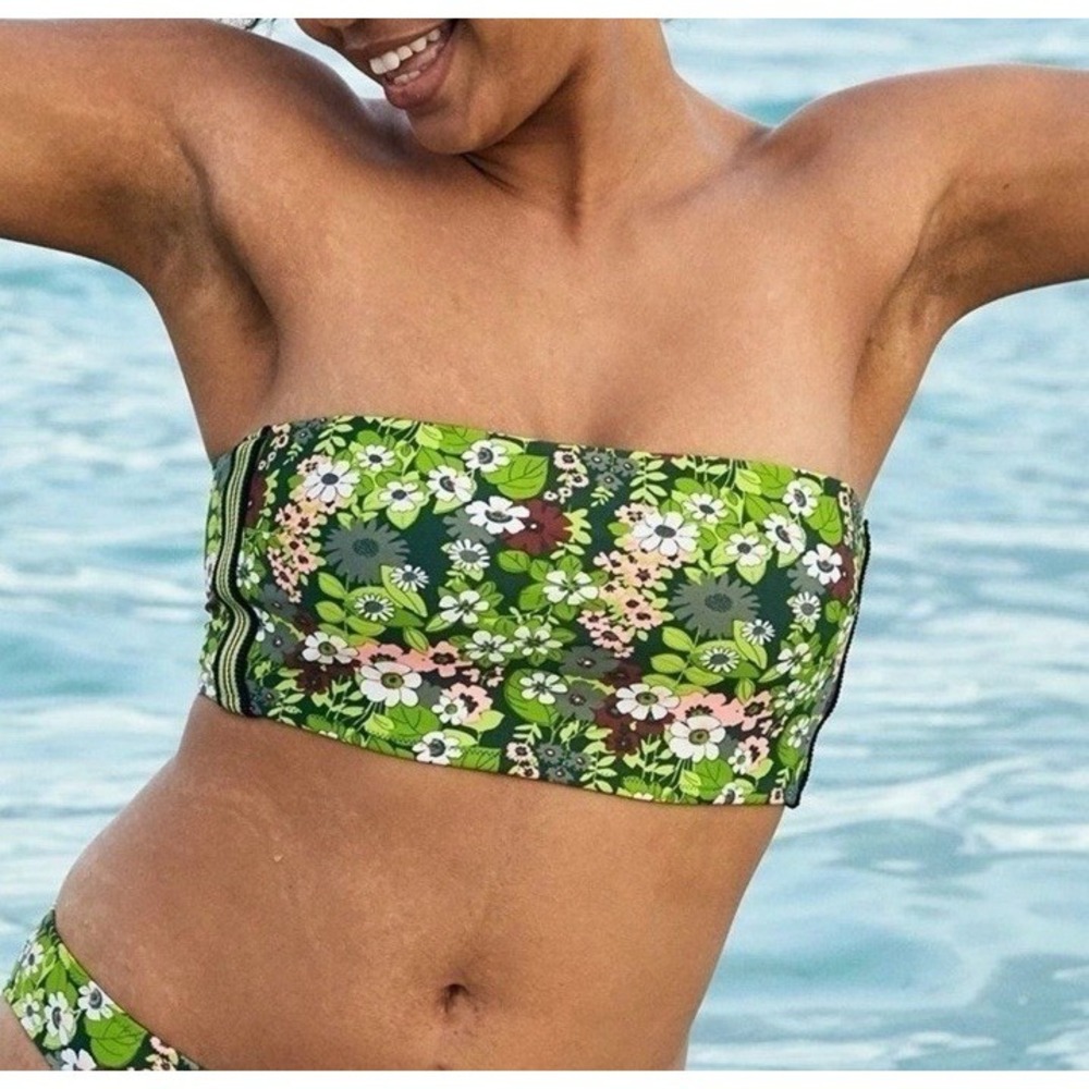 Aerie Floral Longline Bandeau Bikini Top‎ Size XS Green Sycamore Removable Strap